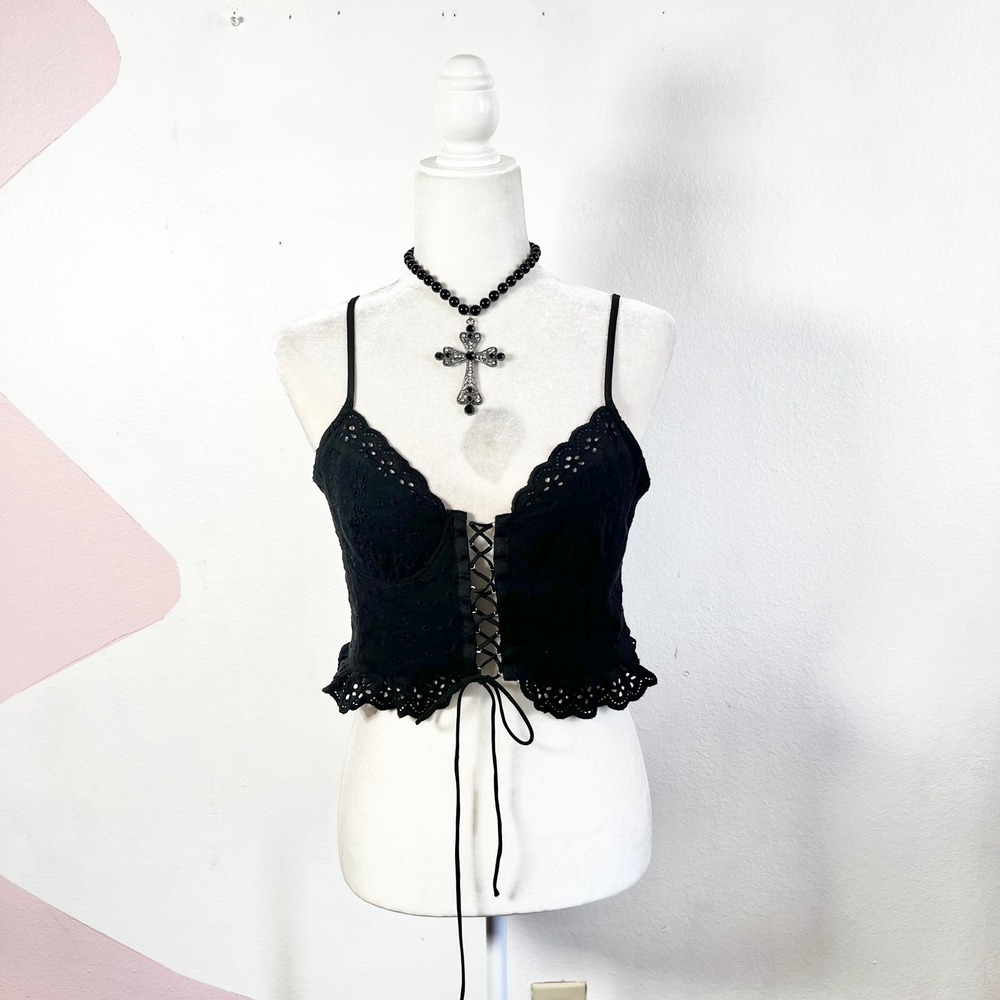 Black Eyelet Lace Up Corset Camisole Top Women's Medium Gothic Emo‎ Grunge
